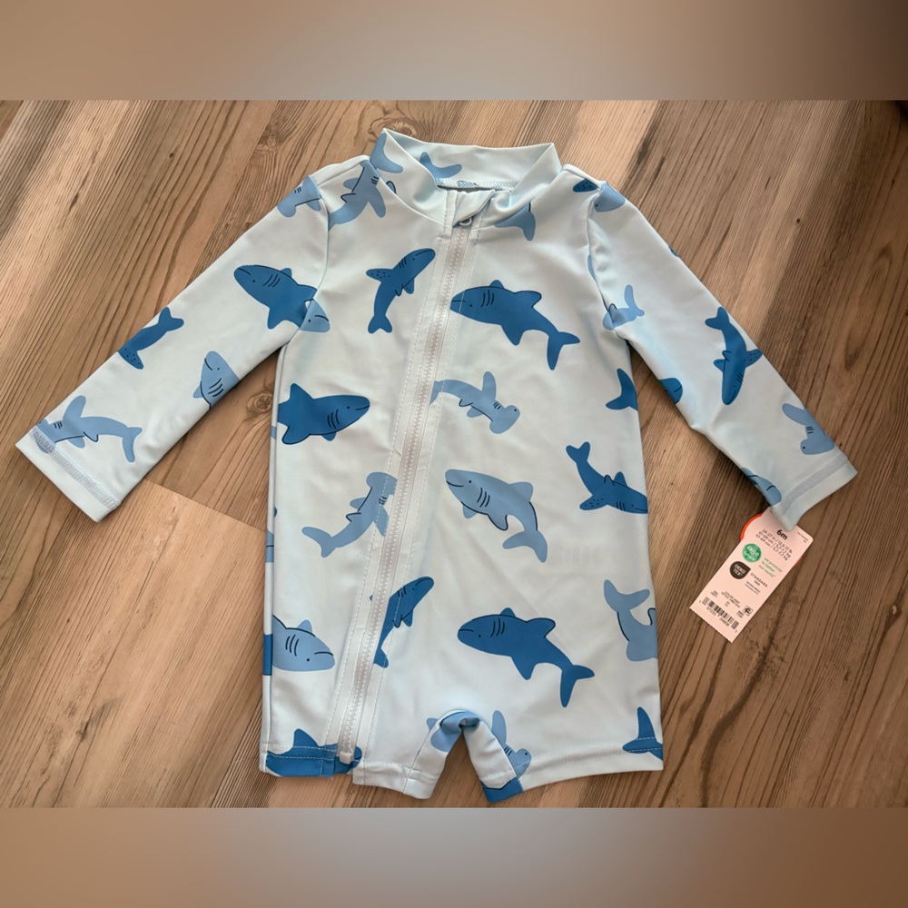 Carter's Baby Boy Blue Shark Print One Piece Rash Guard with Hat NWT- 6 Months